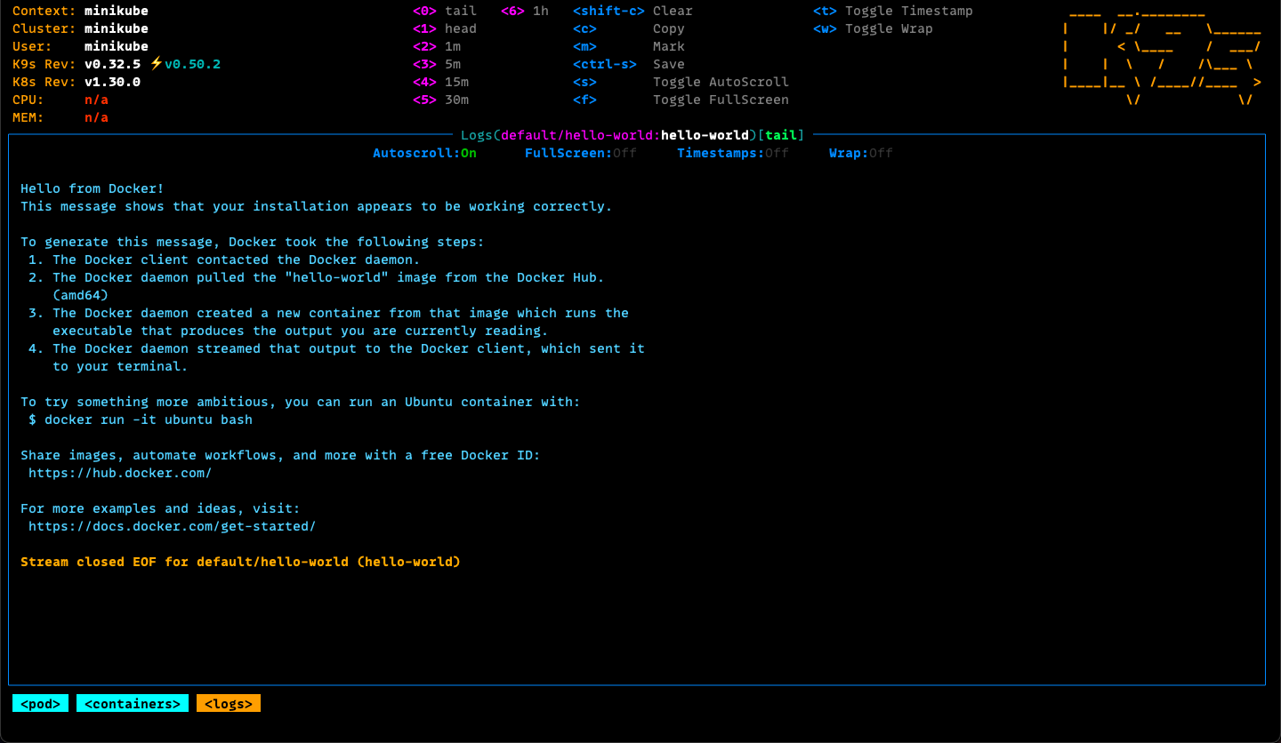 k9s dashboard with pod